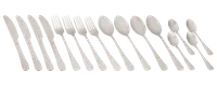 Bestiksæt i rustfrit stål med knive, gafler, spiseskeer, teskeer og dessertskeer. Enkelt, moderne design med glatte håndtag. Velegnet til daglig brug og fest.
