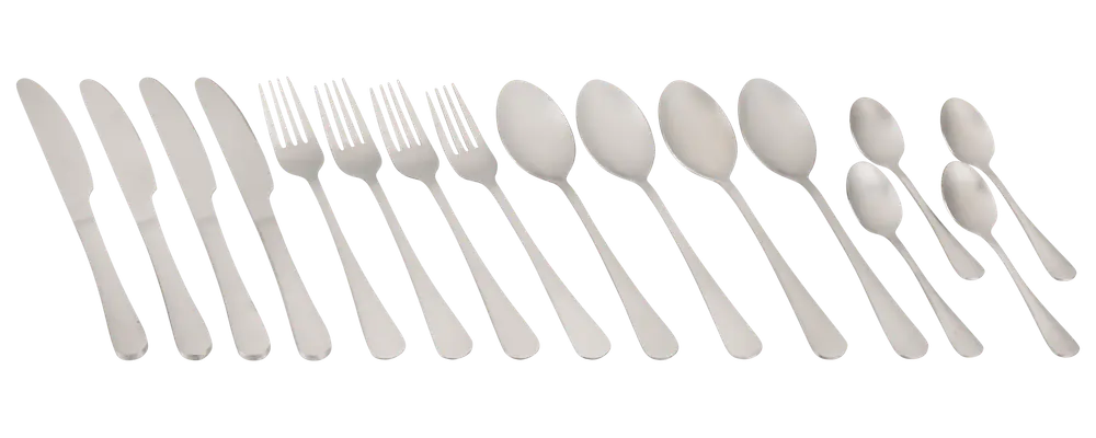 Bestiksæt i rustfrit stål med knive, gafler, spiseskeer, teskeer og dessertskeer. Enkelt, moderne design med glatte håndtag. Velegnet til daglig brug og fest.