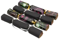 Set med sex julsmällkarameller med svart papper och färgglada fyrverkerimönster, knutna i båda ändar med metallband. Varje smällkaramell är cylindrisk och festlig.