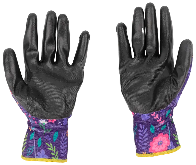 Ett par trädgårdshandskar med svarta gummibelagda handflator och fingrar samt lila tygmuddar med färgglatt blommönster. Ger bra grepp och skydd vid trädgårdsarbete.