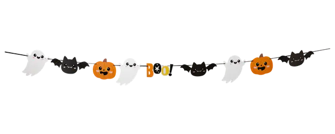 Halloween-girlang med söta spöken, svarta fladdermöss, orange pumpor och en “BOO!”-skylt. Tillverkad av papper, perfekt för fest eller hemmadekor.