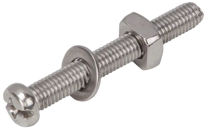 Maskinskruv i rostfritt stål med spårhuvud, medföljande bricka och sexkantsmutter, lämplig för säker fastsättning av metalldelar.