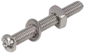 Maskinskruv i rostfritt stål med spårhuvud, medföljande bricka och sexkantsmutter, lämplig för säker fastsättning av metalldelar.