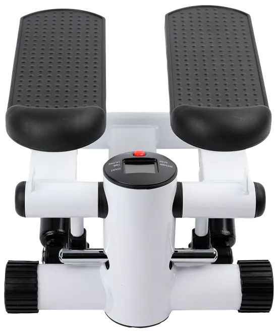 Kompakt mini-stepmaskin med två halksäkra fotplattor, stabil vit ram och digital display för steg- och kaloriräkning. Perfekt för hemmaträning och benstyrka.