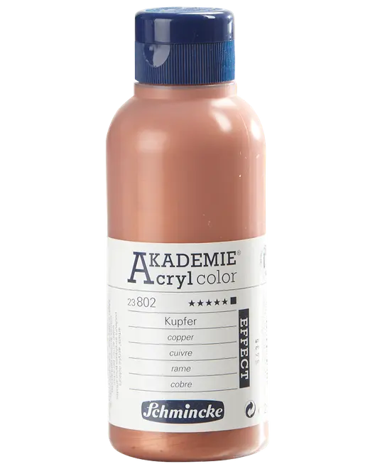 Schmincke Akademie akrylfärg, koppar, 250 ml flaska med blått skruvlock och vit etikett. Passar konstnärer som vill ha metallisk akrylfärg.