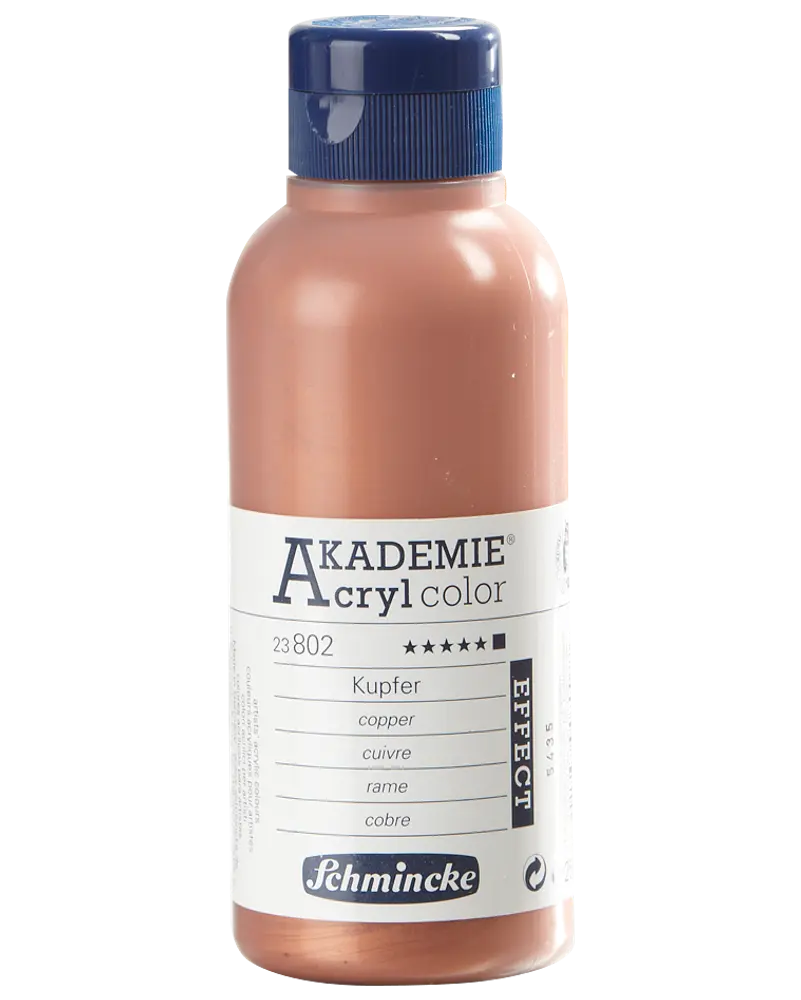 Schmincke Akademie Acrylfarve, kobber, 250 ml flaske med blåt skruelåg og hvid etiket. Velegnet til kunstnere, der ønsker metallisk akrylmalingseffekt.