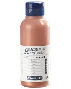 Schmincke Akademie Acrylfarve, kobber, 250 ml flaske med blåt skruelåg og hvid etiket. Velegnet til kunstnere, der ønsker metallisk akrylmalingseffekt.