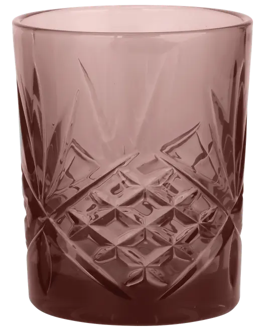 Lilla glas tumbler med indviklet slebet diamant- og bladmønster. Cylindrisk form, tyk bund og glat kant. Elegant design til servering af drikkevarer eller cocktails.