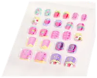 Sæt med farverige kunstige negle med sjove motiver som hjerter, cupcakes, regnbuer, spiraler og drys. Hver negl har sit eget unikke, livlige design. Velegnet til børn.