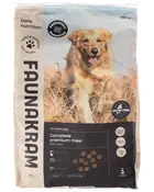 10 kg påse Faunakram hundmat för vuxna, komplett premiummåltid med lamm, spannmålsfri, innehåller prebiotika, probiotika, laxolja, vitaminer, mineraler och taurin. Foderbitar visas.