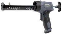 Elektrisk fogpistol med ergonomiskt handtag, avtryckarkontroll och robust cylinder för applicering av fogmassa. Mörkgrå och svart design, passar både proffs och hemmafixare.
