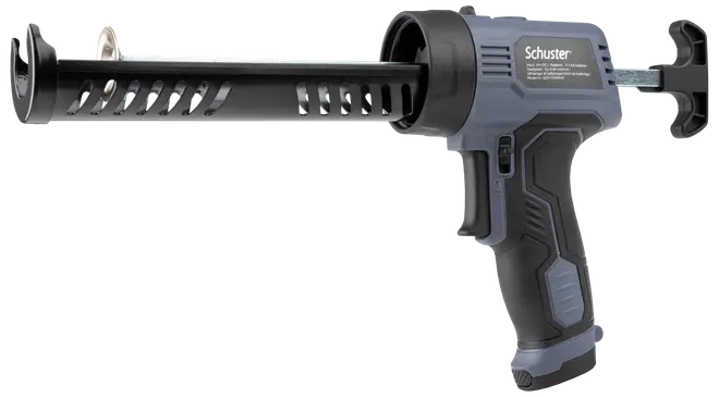 Elektrisk fugepistol med ergonomisk greb, triggerkontrol og robust cylinder til påføring af fugemasse. Mørkegråt og sort design, velegnet til professionel eller gør-det-selv brug.