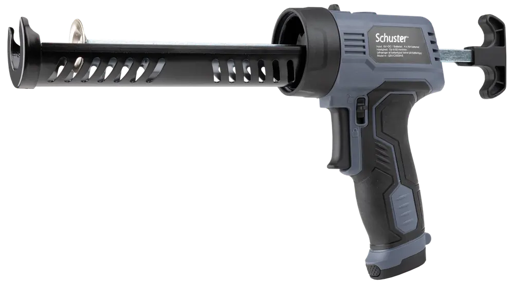 Elektrisk fogpistol med ergonomiskt handtag, avtryckarkontroll och robust cylinder för applicering av fogmassa. Mörkgrå och svart design, passar både proffs och hemmafixare.