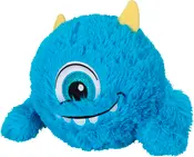 Blåt plyssmonster med ét stort glitrende øje, to gule horn, bredt smilende mund med hvide tænder og blød, fluffy pels. Velegnet til børn og dekoration.