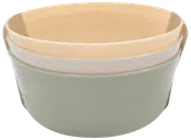 Sæt med tre stabelbare keramikskåle i pastelfarver, med glatte, afrundede kanter og blank finish. Perfekt til blanding, servering eller opbevaring af mad.