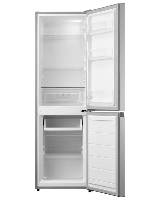 Hög, silverfärgad kyl med frysfack nedtill. Justerbara hyllor, dörrfack, grönsakslåda och rymliga frysfack. Båda dörrarna öppnas för organiserad förvaring.