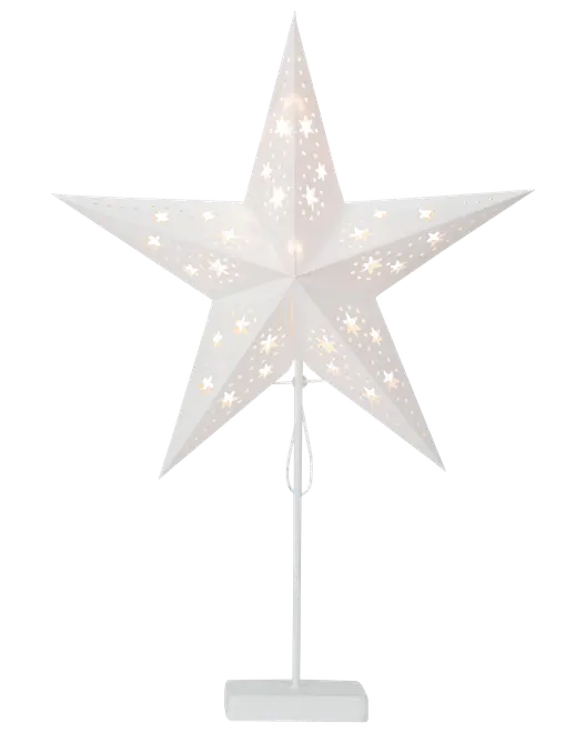 Hvid stjerneformet bordlampe med udskårne stjernemønstre, udsender blødt lys, monteret på en slank stander med rektangulær fod. Perfekt til dekoration.