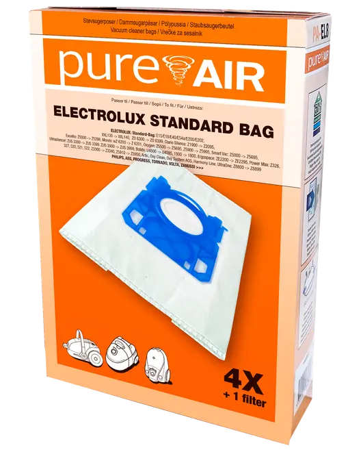 Electrolux Standard Bag paket med 4 dammsugarpåsar och 1 filter, passar flera modeller. Påsarna har blå plastfäste för säker montering.