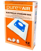 Förpackning med PureAir dammsugarpåsar för AEG, Electrolux, Volta modeller. Innehåller 4 påsar och 1 filter. Kompatibla modeller anges på förpackningen. Blå plastkoppling på påsen.