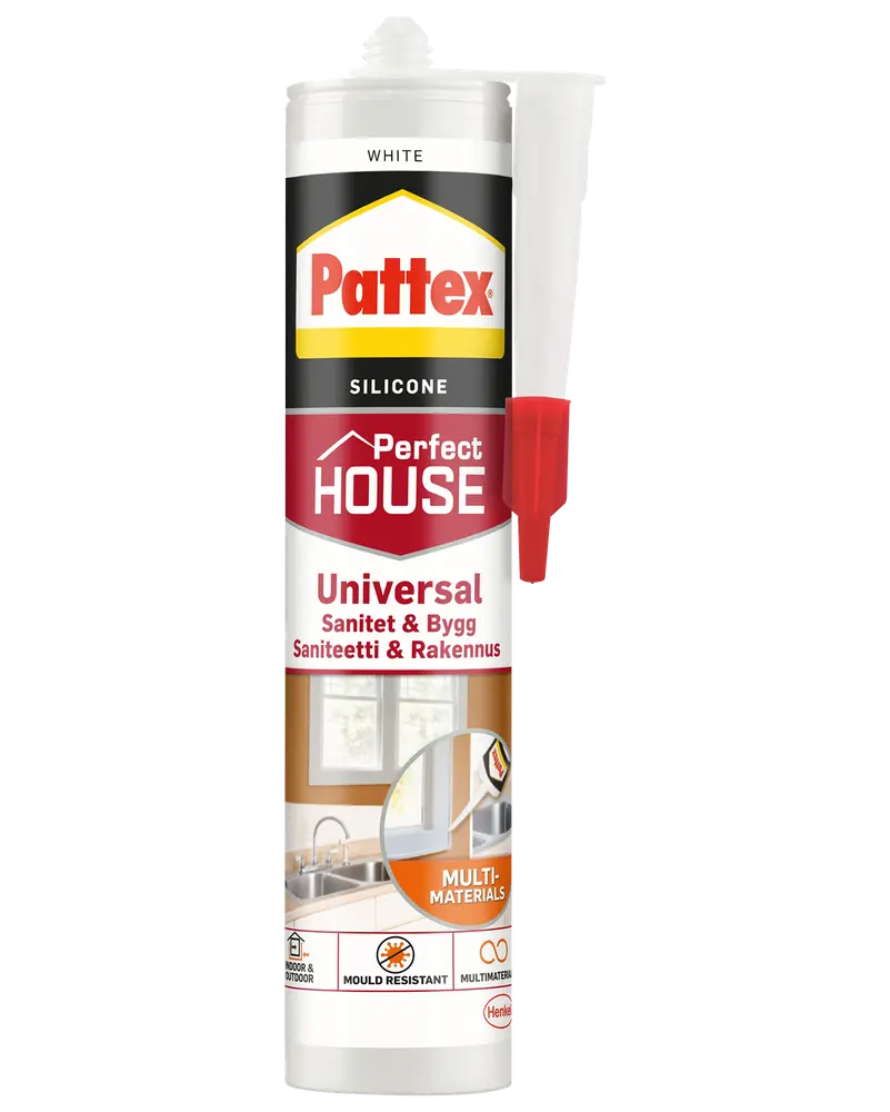 Pattex Perfect House Universal silikoneforsegling, hvid, til sanitet og byggeri. Skimmelsvampresistent, egnet til indendørs og udendørs brug, kompatibel med flere materialer. 300ml patron.
