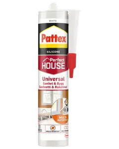 Pattex Perfect House Universal silikoneforsegling, hvid, til sanitet og byggeri. Skimmelsvampresistent, egnet til indendørs og udendørs brug, kompatibel med flere materialer. 300ml patron.
