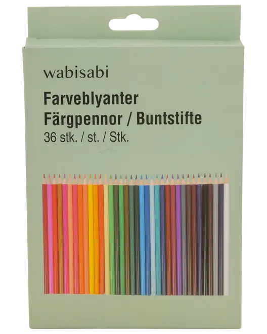Æske med 36 farveblyanter i forskellige klare farver, pænt arrangeret på række. Lysegrøn emballage med produktinformation på flere sprog på forsiden.
