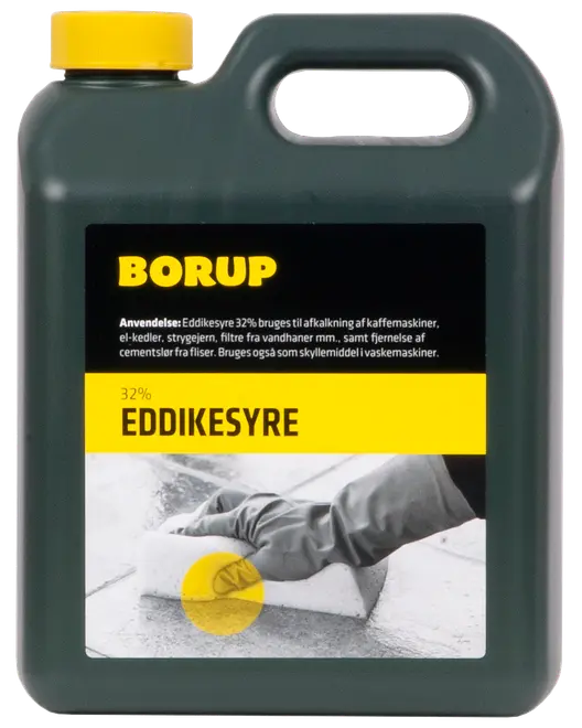 Sort plastdunk med gult låg, mærket 'Borup 32% Eddikesyre.' Anvendes til afkalkning og rengøring. Har bærehåndtag og tydelig brugsanvisning på etiketten.