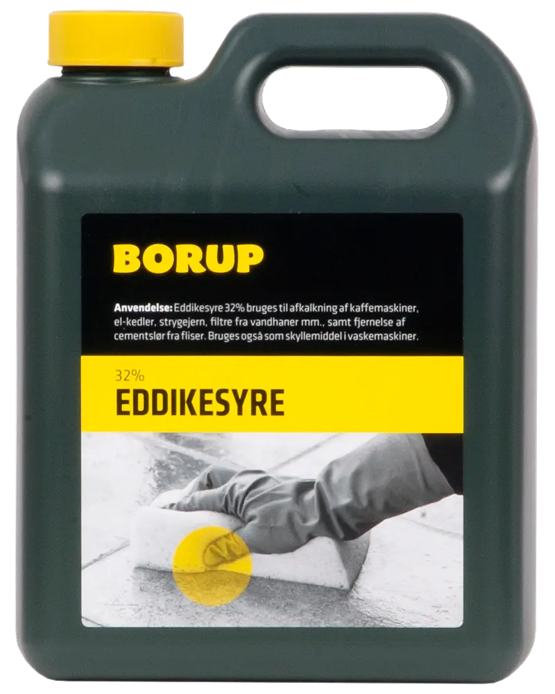 Sort plastdunk med gult låg, mærket 'Borup 32% Eddikesyre.' Anvendes til afkalkning og rengøring. Har bærehåndtag og tydelig brugsanvisning på etiketten.
