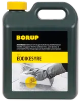 Grøn plastflaske med gul låg, mærket 'Borup 32% Eddikesyre.' Anvendes til afkalkning. Sort og gul etiket med brugsanvisning og billede af væske, der hældes.