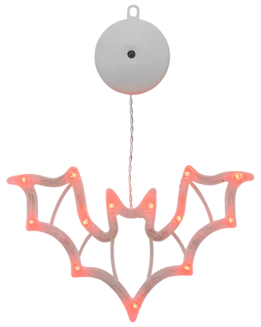 Halloween LED-ljusdekoration formad som en fladdermus med orange lampor, vit ram och rund batteridosa upptill. Passar för upphängning inomhus eller utomhus.