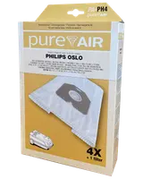 Förpackning med PureAir PA-PH4 dammsugarpåsar för Philips Oslo-modeller, innehåller 4 påsar och 1 filter. Kompatibla modellnummer anges på förpackningen. Vita syntetpåsar med plastfäste.