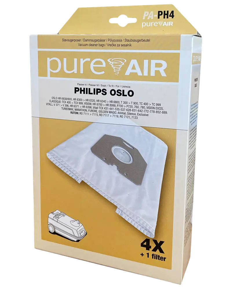 Förpackning med PureAir PA-PH4 dammsugarpåsar för Philips Oslo-modeller, innehåller 4 påsar och 1 filter. Kompatibla modellnummer anges på förpackningen. Vita syntetpåsar med plastfäste.