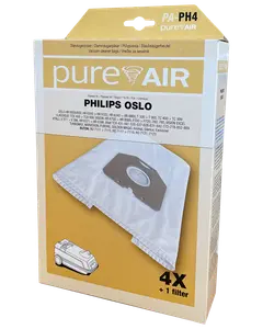 Förpackning med PureAir PA-PH4 dammsugarpåsar för Philips Oslo-modeller, innehåller 4 påsar och 1 filter. Kompatibla modellnummer anges på förpackningen. Vita syntetpåsar med plastfäste.