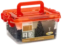 LED-julgransslinga i transparent plastlåda med orange lock och handtag. För inomhusbruk, varmvit färg, 3 års garanti, inkluderar kontakt och instruktioner.