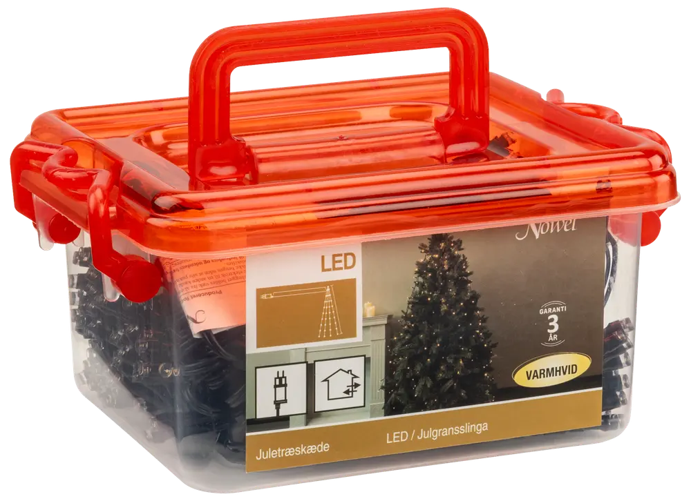 LED-julgransslinga i transparent plastlåda med orange lock och handtag. För inomhusbruk, varmvit färg, 3 års garanti, inkluderar kontakt och instruktioner.