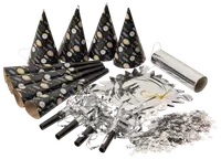 Partyset med konhattar, tutor, horn, silverdekorationer och konfetti. Svart och guld festdesign, perfekt för nyår eller fest. Räcker till en mindre grupp.