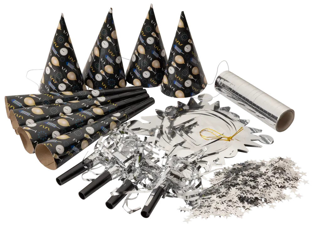 Partyset med konhattar, tutor, horn, silverdekorationer och konfetti. Svart och guld festdesign, perfekt för nyår eller fest. Räcker till en mindre grupp.