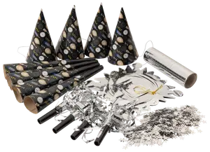 Partyset med konhattar, tutor, horn, silverdekorationer och konfetti. Svart och guld festdesign, perfekt för nyår eller fest. Räcker till en mindre grupp.