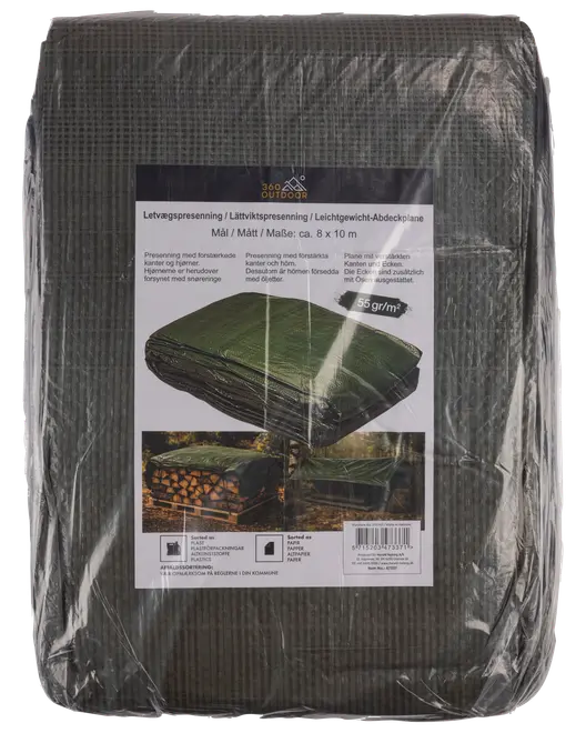 Förpackad mörkgrön lätt presenning, 8 x 10 m, 55 g/m², med förstärkta hörn och öljetter.