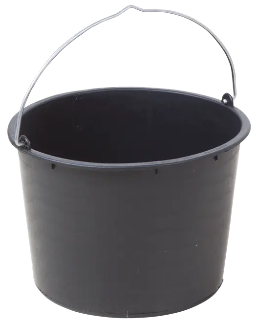 Sort plastikspand med rund form, solidt metalhåndtag og glatte sider. Velegnet til vand, rengøring eller generelle formål. Let og holdbar konstruktion til daglig brug.