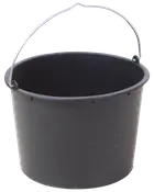 Svart plasthink med rund form, stadigt metallhandtag och släta sidor. Passar för vatten, rengöring eller allmän användning. Lätt och hållbar för dagligt bruk.