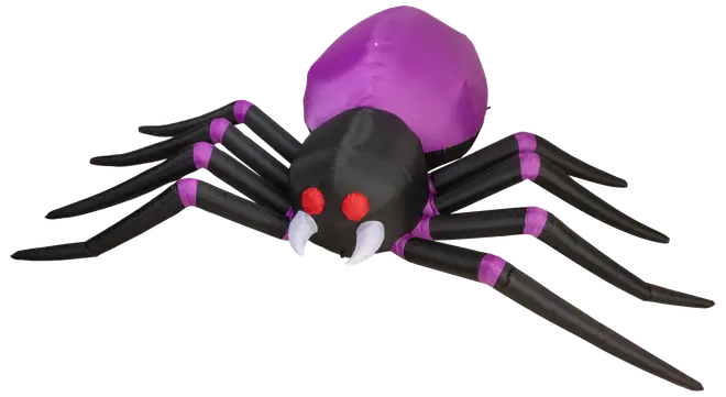Oppustelig Halloween-edderkop med sort krop, lilla ryg, røde øjne og hvide hugtænder. Har otte sorte ben med lilla bånd. Velegnet til indendørs og udendørs brug.