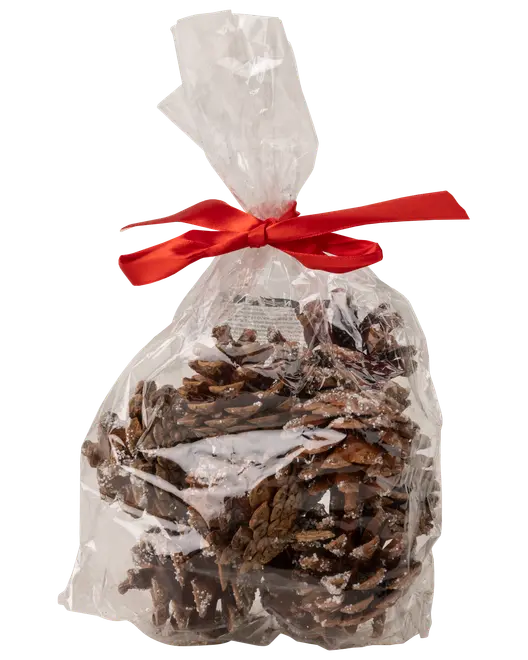 Påse med dekorativa kottar med konstgjord snö, förpackad i klar plast och knuten med rött band. Perfekt för juldekoration eller pyssel.
