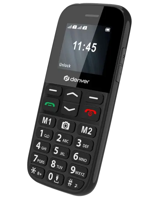 Sort mobiltelefon med store knapper, tydeligt display og dedikerede M1/M2-hukommelsestaster. Simpelt design, ideel til ældre eller brugere med behov for nem betjening.