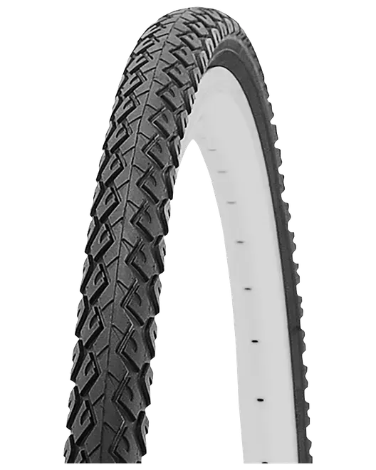 Svart cykeldäck med djupt slitbanemönster och vit innersida, visat i böjd profil.