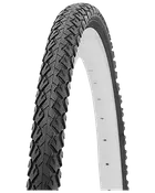 Svart cykeldäck med djupt slitbanemönster och vit innersida, visat i böjd profil.