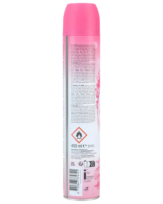 Høj pink aerosoldåse med afrundet låg, blomsterdetaljer, 400 ml mærkning og brandfarligt faresymbol.
