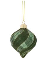 Röd julgransprydnad med vriden droppform, dekorerad med guldfärgade glitterränder och guldfärgad topp. Levereras med guldfärgad hängtråd för enkel upphängning.