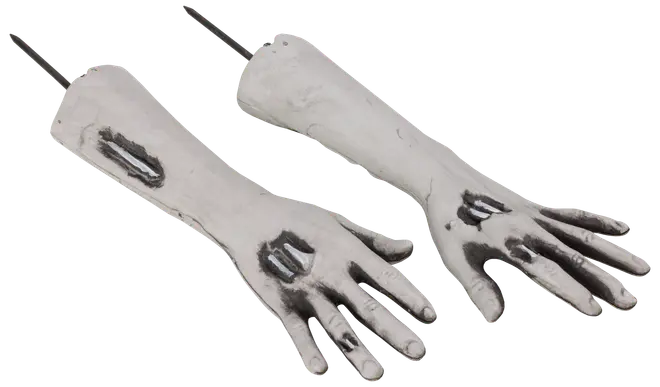 Par realistiska, vita zombihänder med öppna sår och svarta detaljer. Tillverkade i plast, med pinnar för enkel placering i marken, perfekta för Halloween.