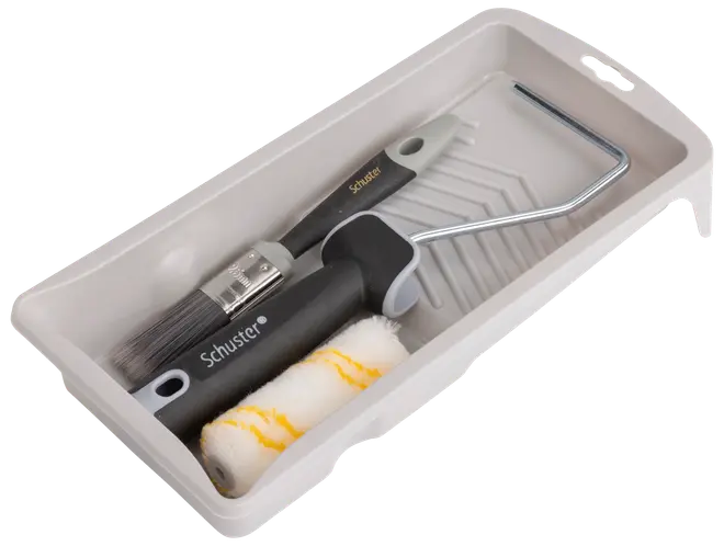 Malersæt med bakke, rulle med håndtag, pensel og ekstra rulle. Ideel til små malerprojekter, ergonomiske håndtag og holdbare materialer for nem påføring.